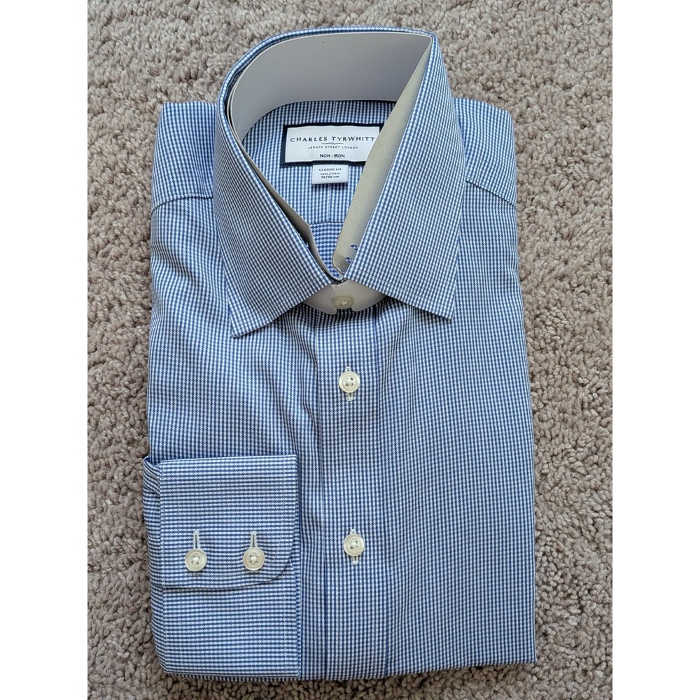 Charles Tyrwhitt Shirt 15.5/34 Royal Blue Puppytooth Non-Iron Classic Fit NWT